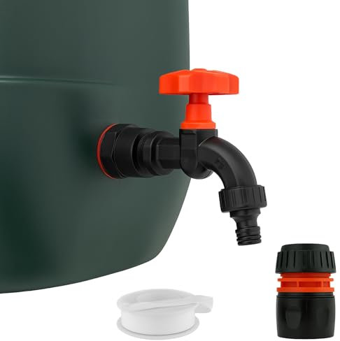 [FIXINGS DIRECT] Water Butt Tap with ¾” BSP Connector | Hosepipe Compatible Click-Lock Garden Kit Fits Rain Barrels, Water Tanks & Butts (1x Black Tap + (PTFE Tape & Hose Connector))