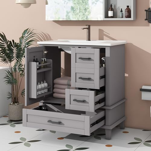 NNJN 76 x 46 x 83,5 cm, mobile da bagno con lavandino, lavabo, completamente laccato, scaffale per porta, tre cassetti silenziosi, lavabo in ceramica integrato (grigio)