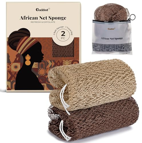 CORATED 2 Pièces de Filet à Bain Africain, Eponge à Bain pour l'Exfoliation du Corps, Gant à Exfolier le Dos – Produits de Nettoyage Beauté pour la Douche/SPA (Lin et Marron)