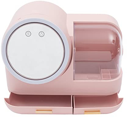 Boîte de rangement cosmétique LED miroir HD avec couvercle, trousse de maquillage de voyage, ventilateur intégré, design miroir rotatif, bord rond, couvercle anti-poussière, pour trier et