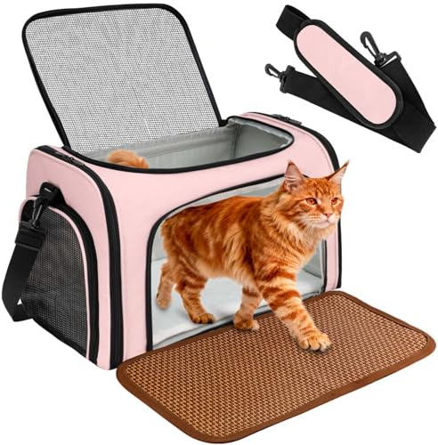 DSDCDJ Katzentransportbox, Faltbare Transportbox Katzen und Hunde mit Plüsch-Einlage und Kühlmatte aus Strohgeflecht – für alle Jahreszeiten geeignet, Ideal für Der Gang zum Tierarzt Auto Fugzeug