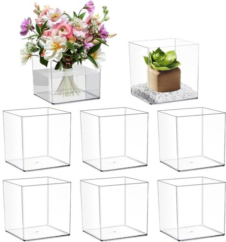 AHANDMAKER 4 Pack Clear Acrylic Square Vases Shatterproof Modern Cube 5.91 Inch Flower Plant Pots for Wedding Centerpieces Christmas Home Office Table Decorations