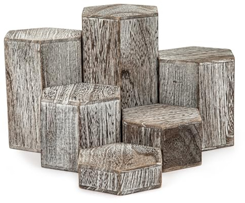 GreenWhim 6 Pack Wooden Hexagon Display Risers Vintage Brown – Tiered Wood Stands for Shelves and Countertops – Display Plinths for Jewellery Retail Crafts Cupcakes Desserts