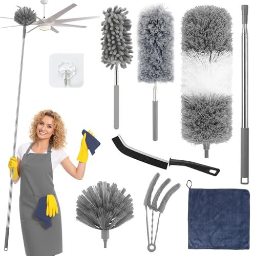 Plumeau Telescopique, Extensible Jusqu'à 2.5M, Kit De Nettoyage 9 Pièces avec Manche Extensible, Microfibre Lavable et Réutilisable, Nettoyage Des Plafonds, Coins, Toiles d’Araignée, Maison et Bureau