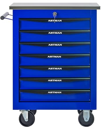 Generisch 7 Schubladen Werkzeugwagen mit 4 Rollen & Kugellager-Schubladen – Abschließbarer Metall-Rollwagen für Garage, Werkstatt, Lager – Edelstahl-Arbeitsplatte, Schwarz/Blau