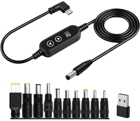 Hoembpn USB C PD to DC Adapter Power Fast Charging Cable 5V,9V,12V,15V,20V Adjustable Voltage Right Angle Type C to DC 5.5x2.1mm plug Universal Trigger Power Supply Lead 60W with 10 DC Conversion Head