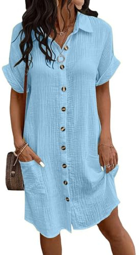 Joligiao Vestido de Verano Mujer Vestidos Manga Corta Cuello V de Lino Algodón con Botones Vestido Camisero Escote en V Mini Vestido Corte A Rectos Sueltos Casual Vestidos la Playa(Azul,L)