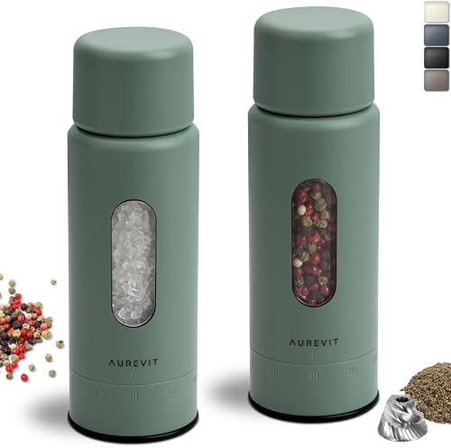 Aurevit Salt and Pepper Grinder Set Manual, Salt and Pepper Mill with Ceramic/Stainless Steel Core, External Adjustable Coarseness, Refillable, Durable (2 Packs, Sage)