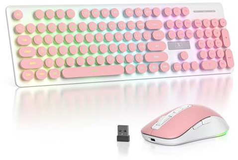 Vumilstek Wireless Keyboard and Mouse Set, US Layout Rechargeable Typewriter Light Up 2.4GHz Full Size with Number Pad for Students Home Office PC Laptop(Pink)