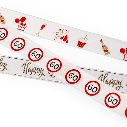 Tiwoca Deko zum 60. Geburtstag – 3 x rot-weiß-goldenes Satin Geschenkband mit Verkehrsschild-Optik Zahl 60 – Ausgefallene Geburtstagsdeko und lustige Geschenkideen für Männer und Frauen