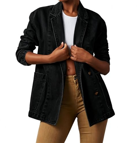 Generisk vintage jeansblazer för kvinnor med fallande , oversize-snitt, långa ärmar och lös passform samt stora påsydda fickor, svart, S