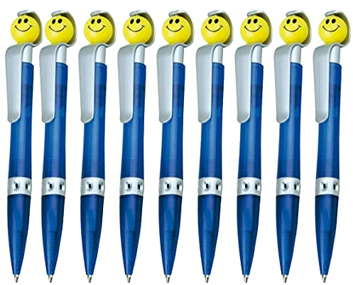 WPRO Kugelschreiber-Set „Sunny“ 9 Stück Blau – Emoji-Druckknopf & Clipmechanik, Langlebiges Kunststoffgehäuse, Perfekt als Mitgebsel Kindergeburtstag & Partygeschenk