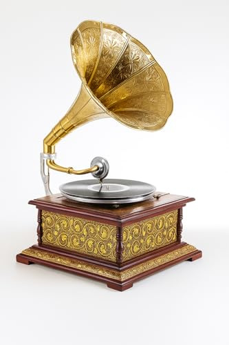 Vintage Grammophon „Villa Josephine“ – Nostalgisches Trichtergrammophon aus geschnitztem Holz & Gold-Applikationen, voll funktionsfähig, spielt Schellackplatten mit Handkurbel, inkl. Platte & Nadeln,