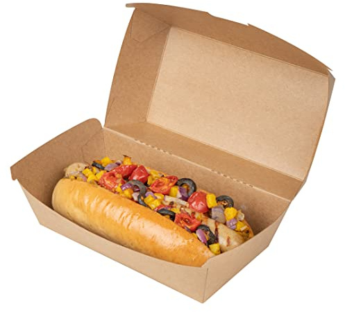 Restaurantware Hot Dog Box 100 Count 6.7 x 3.54 x 3.46 Inches Paper Kraft Rectangular Food Container Tab-Lock Sandwich Clamshell Grease-Resistant Kraft