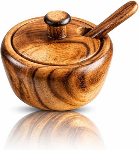 Azucarero y cuchara de madera rústica decorativa con tapa de boca ancha para golosinas de golosinas para especias y condimentos para servir cuencos, especias, hierbas, hojas sueltas