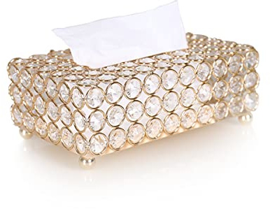 Kristall Komestikbox 20 × 13 × 6 cm Rechteckig Gold Deko Taschentuchbox, Metall Strasssteine Glitzer Kosmetiktücher Desktop Seidenpapier Tissue Box für Schlafzimmer Bad Wohnzimmer