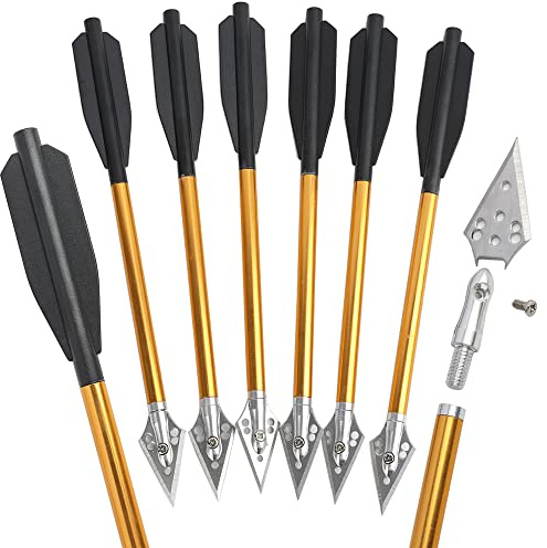 HNZMDY 6,7 Pernos de Ballesta Flechas de Ballesta de Aluminio con Puntas de Cabeza Ancha Extraíbles para Practicar Tiro con Ballesta y Caza Pequeña 6/12 Piezas (12pcs, Oro)