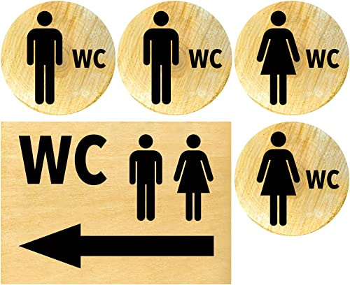 Clever Pool Set di adesivi per WC da donna e da uomo, cartello – resistente alle intemperie – cartello per porta – targhetta pellicola – D = 148 mm (2 WC H-D+ Pfeil links Holz, in lingua tedesca)