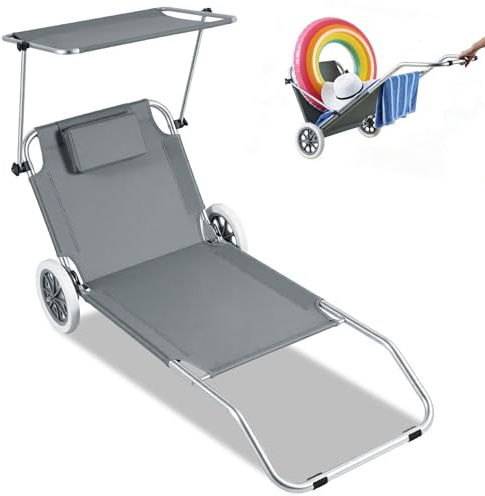Izrielar Tumbona con 2 ruedas, tumbona de jardín, tumbona de playa plegable con protección solar, tumbona plegable, tumbona reclinable, ruedas reclinable, respaldo ajustable, antracita, gris