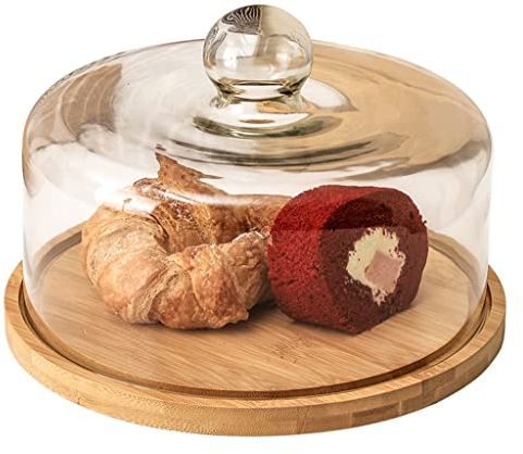 GUINJO Glass Dome with Wooden Base Cake Stand Display Dome Cloche Clear Glass Bell Jar Cover Wood Cake Display Tray for Dessert Cheese Candy Plants Succulents (Color : Wood, Size : 10.5 inch)