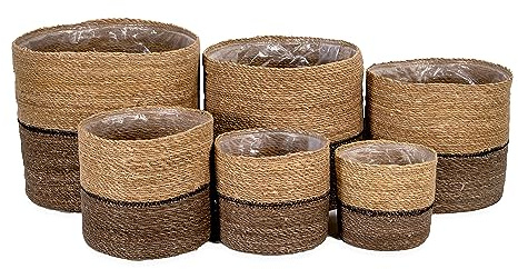 DARO DEKO Seegras Korb rund dreifarbig 6er Set mit Einsatz Blumentopf geflochten Aufbewahrungskorb Über-Topf Blumenkorb