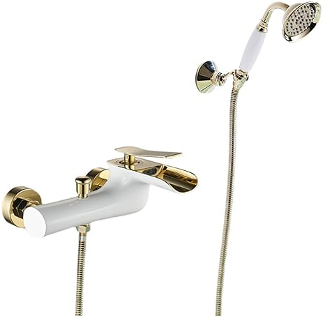 Wannenarmatur Wasserfall Badewannenarmatur mit Handbrause Weißes Gold Duscharmatur Messing Mischbatterie Badewanne-Weißes Gold