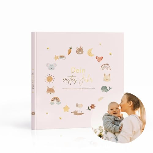 MeinBaby123® Babyalbum Dein erstes Jahr hochwertig vergoldet mit 136 Ausfüllseiten | Geschenk zur Geburt, Babygeschenke, | Babytagebuch zum ausfüllen für Meilensteine im 1. Lebensjahr (rosa)