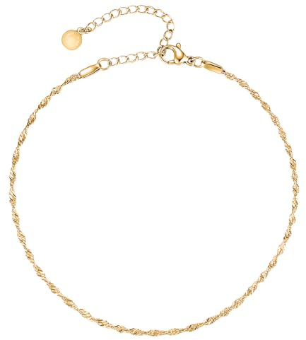 day.berlin Damen Fußkette Twist in Gold 18k vergoldet, Fußkettchen gedreht 22cm + 5cm, variable Länge aus 316L Edelstahl, nickelfrei und wasserfest
