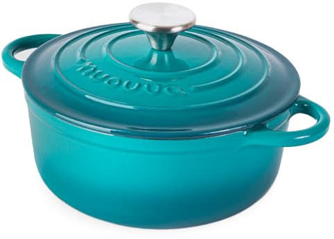 Cocotte en Fonte Émaillée – Casserole Faitout avec Couvercle, Antiadhésif, Marmite pour Induction et Four, 2.1 Liter – Turquoise – par Nuovva