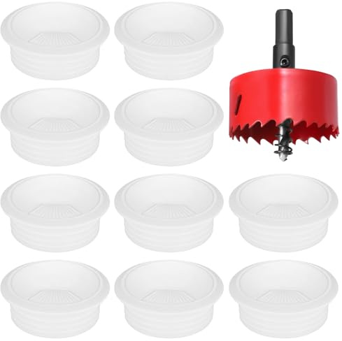 Hejo 10 Stück Schreibtisch Kabeldurchführung, 80mm Kabeldurchlass mit 1 Lochsäge, Kabeldurchführung Tisch Rund für Tisch Büro Arbeitsplatten, Weißer