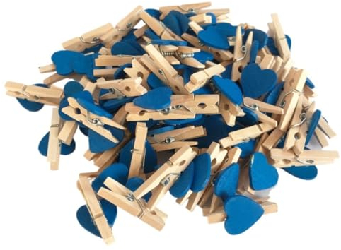 Wambere Lot de 100 petites pinces à linge en bois naturel en forme de cœur - 3 x 0,4 cm - Mini pinces à linge en bois - Petites pinces décoratives colorées - Bleu foncé