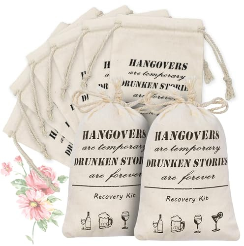5 x 7 Inch Hangover Kit Bags, 10 Pcs Large Bachelorette Hangover Bags Cotton Muslin Drawstring Bag Recovery Kit Bag for Wedding Bridal Shower Party Favors