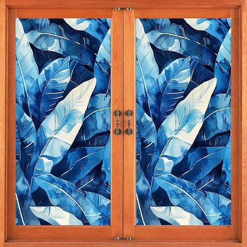 Milchglasfolie Blaue Tropische Blätter Fensterfolie Blickdicht Fenster Sichtschutzfolie Selbstklebend Fenster Milchglasfolie Fenster Sichtschutzfolie Fenster Folie für Fenster 60x116cm/4 Pcs
