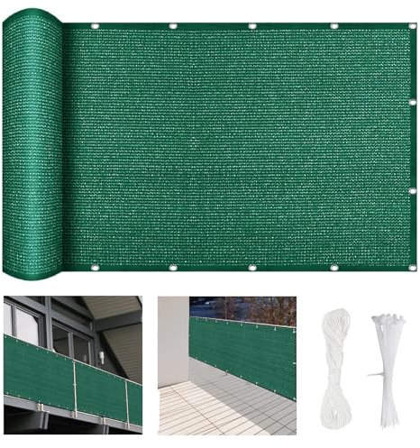 Balkon Sichtschutz Balkonumspannungen 550 x 45 cm Wind- Und Uv-Schutz Wetterfest, Zaunblende Schattiernetz mit Ösen, mit Kabelbinder Und Kordel, für Balkon Zaun Garten, Dunkelgrün