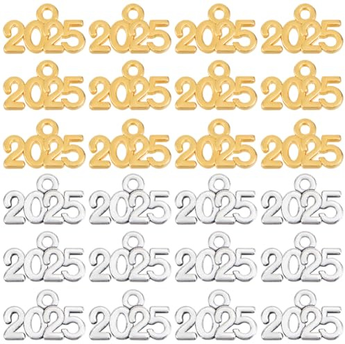 SOFPLATE 1 Box Mit 100 Stück 2025 goldene Charms 2025 Charms Silberne Metalllegierung Jahreszahlen Alphabet Quasten In Großpackung Zur Schmuckherstellung Abschlusskappen Neujahrs Schlüss