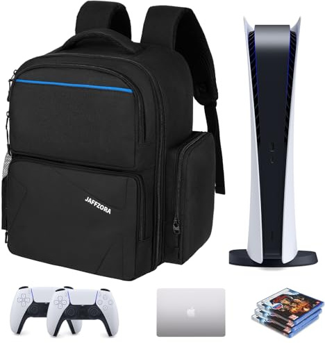 Jaffzora Sac à dos de voyage pour PS5 Pro/PS5, étui de transport de protection, sac de rangement compatible avec console portable Playstation 5/PSP/ordinateur portable de 15,6 pouces/accessoires de