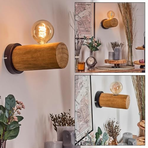 HOFSTEIN Wandleuchte Argea, Wandlampe aus Metall/Holz in Grau/Naturfarben, moderne Leuchte im Vintage/Industrial-Design mit Holzbalken, E27, Wohnzimmer, Schlafzimmer, Küche, Flur, Treppenhaus