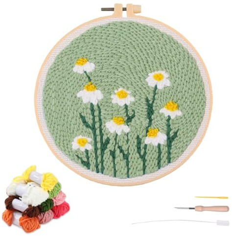 artcici Stanznadel-Set für Anfänger mit Blumenmuster-Werkzeug und Garn, einfaches Sticken, Teppichhaken-Set (grün)