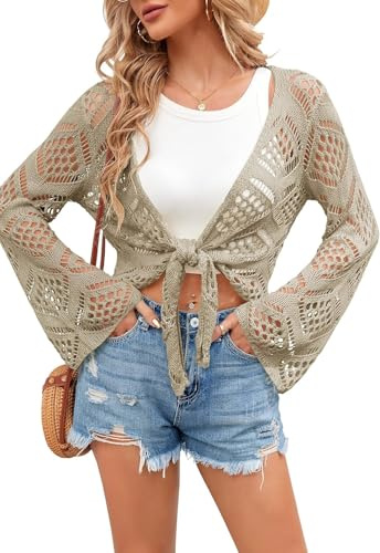 Saodimallsu Damen Sommer Strickjacke V Ausschnitt Boho Tops Oversized Langarm Ärmel Strickpullover Sexy Crochet Cardigan Strand Bikini Cover Up(Khaki,S)