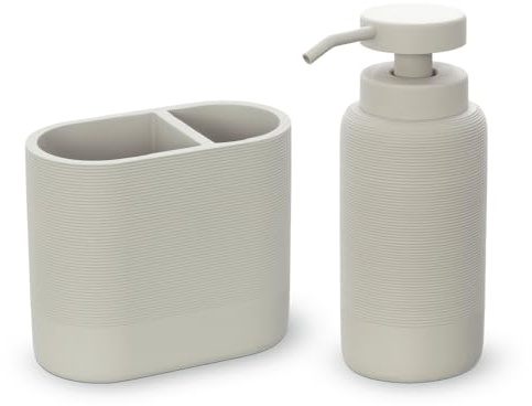 Set Accessori Bagno 2 Pezzi Con Dispenser Sapone Liquido E Bicchiere Porta Spazzolini In Poliresina Crema Della Linea Marica