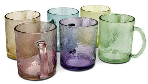 TIENDA EURASIA – Set 6 Vasos | Cristal Tensionado | Capacidad 280 ml | Vasos de Cristal Agua | 6 Colores | Transparente | Con Asa Resistente | Aptos para Lavavajillas y Microondas