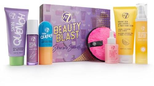 W7 Beauty Blast Skincare Secrets Set - Complete Full Size Skincare Routine with Day Cream, Serum, Cleansers, Toner Mist, Eye Cream and Makeup Remover Pad