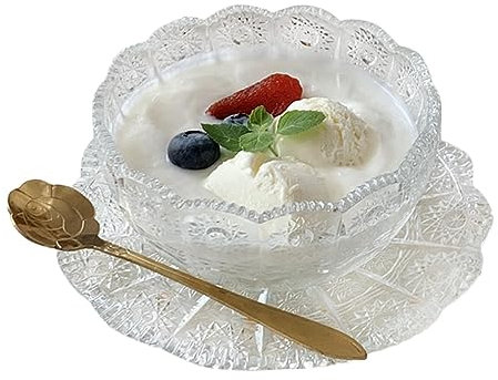 JKXLSLAX Ciotola Di Vetro Con Cucchiaio, Tazza Da Caffè In Vetro Rilievo Antico E Set Di Piatti, Tè Pomeridiano Dessert Budino Ciotola Gelato Piccola Ciotola Frutta Yogurt Ciotola Di Farina D'avena