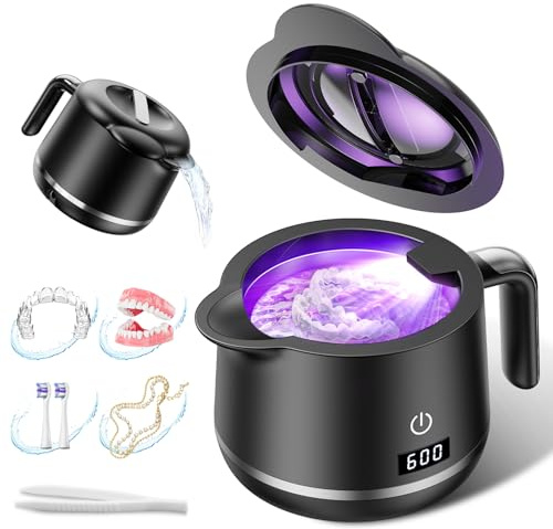 GYNHD Ultrasonic Retainer Cleaner Machine - 45kHz Ultrasonic Cleaner - 200ML Mouth Guard & Denture Cleaner Pod & Jewelry - 5 Modes with Digital Timer - Upgrade Water Bottle Design