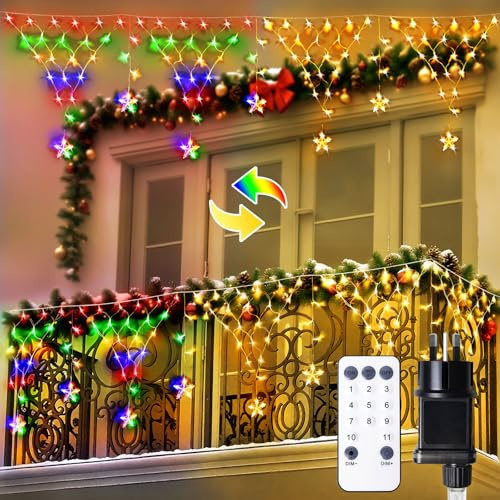 Lamptobe Christmas Net Lights Outdoor, 4M 196LED 11 Modes Star Net Lights, Waterproof Mesh Light Plug in with Remote for Garden Fence Party Patio Balcony Roof Outside Decor (Warm White Multicolour)