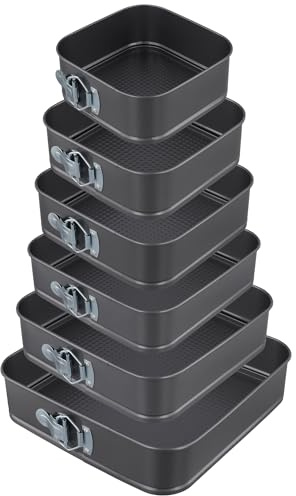 SYUTBOU 6 Stück Viereckige Backform Set, 18/20/22/24/26/28cm Schwarz Springform Kuchenform Viereckig aus Karbonstahl, Eckige Kuchenform für Käsekuchen, Pizzas und Quiches