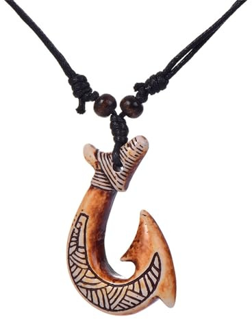 coadipress Hawaiian Fish Hook Pendant Necklace Vintage Maui Beach Sufer Maori Tribal Necklace Hemp Cord Adjustable Chain Protection Amulet Tortoise Shark Necklaces for Men Women