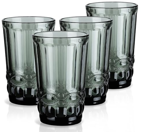 Joeyan 330ml Grigio Bicchieri da Acqua in Vetro Colorati, Set di 4 Tumbler alto con Rilievo Per Acqua Gassata,Aperitivo,Succo di Frutta e Bibite,Design Vintage, Lavabile in Lavastoviglie