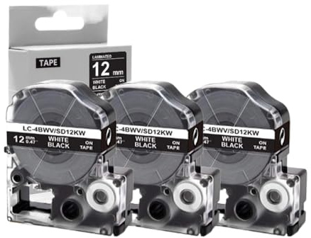 SRxBKC 12 mm schwarz auf weißem Klebeband 3PK SD12KW kompatibel mit Etikettendruckern Arbeiten mit Etikettierern