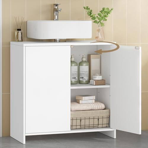 Hzuaneri Meuble sous Lavabo, Meuble de Salle de Bain, 2 Portes, Étagère Réglable, Espace de Rangement Pratique, Indépendant, Style Minimaliste Moderne, 30 x 60 x 60 cm, Blanc BC00603X